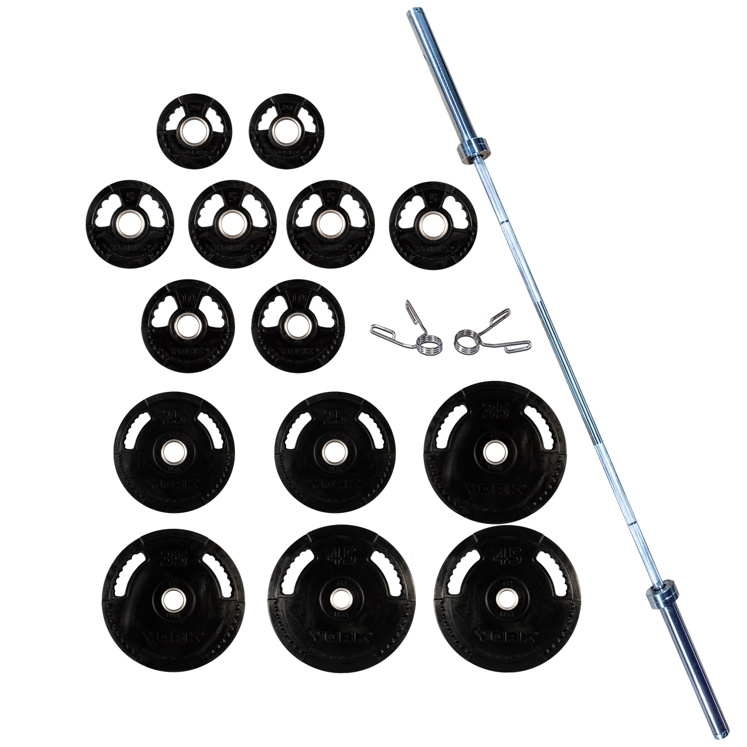 York Barbell 300 lb. G2 Dual Grip Thin Line Rubber Encased Set (2 x 45 lb, 35 lb, 25 lb, 10 lb, 2.5 lb, & 4 x 5 lb) 2976 bar, pr. Spring collars