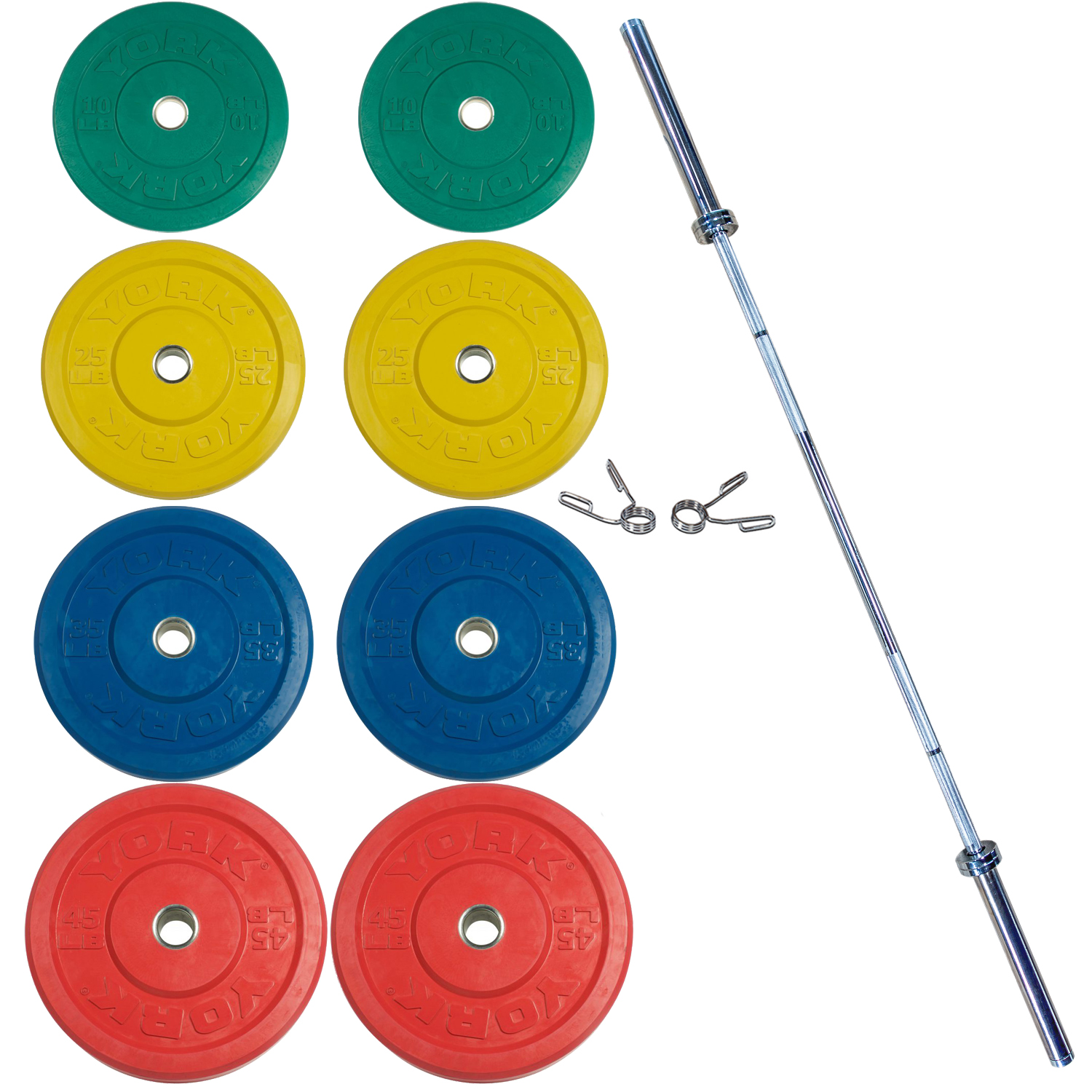 York Barbell York USA Colored 325 lb Rubber Training Set (2 x 45, 2 X 35, 4 X 25, 2 X 10 Lb.), 32110, pr. Spring Collars)